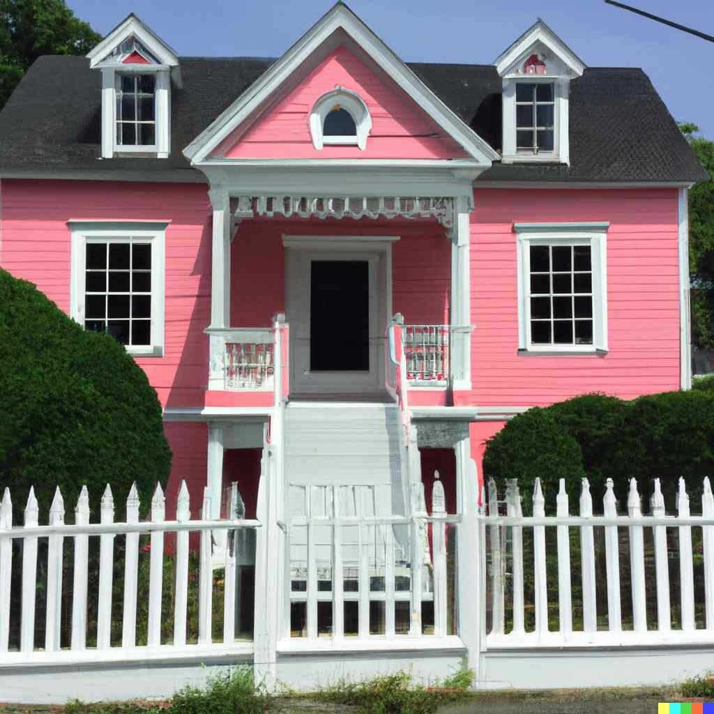 בית ורוד בן שתי קומות עם גדר לבנה ודלת אדומה