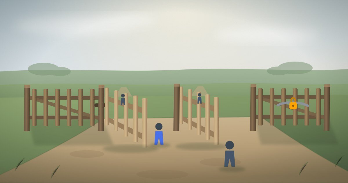 איור של גדר עם ארבעה שערים, שניים פתוחים שדרכם עוברים הולכי רגל ושניים נעולים, כמשל להרשאות זחלני AI בקובץ robots.txt